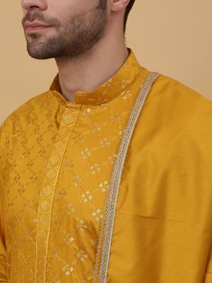Men's Mustard Yellow Sequenced Embroidered Cotton Silk Kurta With Salwar and Dupatta 2