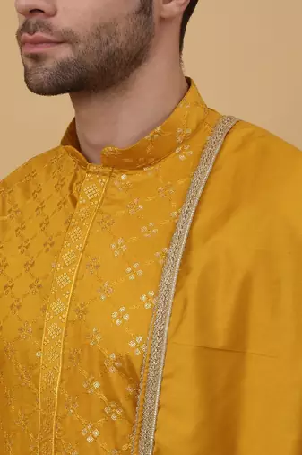 Men's Mustard Yellow Sequenced Embroidered Cotton Silk Kurta With Salwar and Dupatta