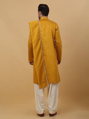 Men's Mustard Yellow Sequenced Embroidered Cotton Silk Kurta With Salwar and Dupatta 3