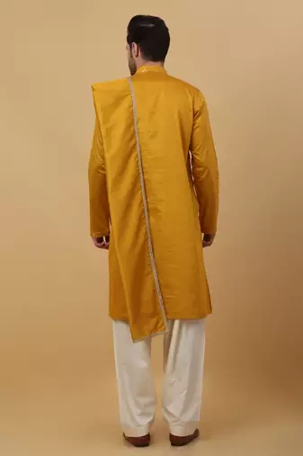 Men's Mustard Yellow Sequenced Embroidered Cotton Silk Kurta With Salwar and Dupatta