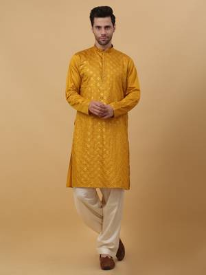 Men's Mustard Yellow Sequenced Embroidered Cotton Silk Kurta With Salwar and Dupatta 4