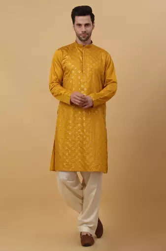 Men's Mustard Yellow Sequenced Embroidered Cotton Silk Kurta With Salwar and Dupatta