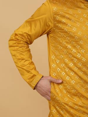 Men's Mustard Yellow Sequenced Embroidered Cotton Silk Kurta With Salwar and Dupatta 5