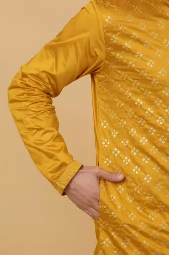 Men's Mustard Yellow Sequenced Embroidered Cotton Silk Kurta With Salwar and Dupatta