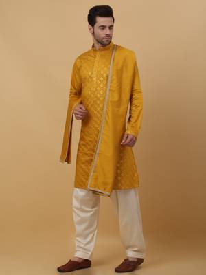 Men's Mustard Yellow Sequenced Embroidered Cotton Silk Kurta With Salwar and Dupatta 6