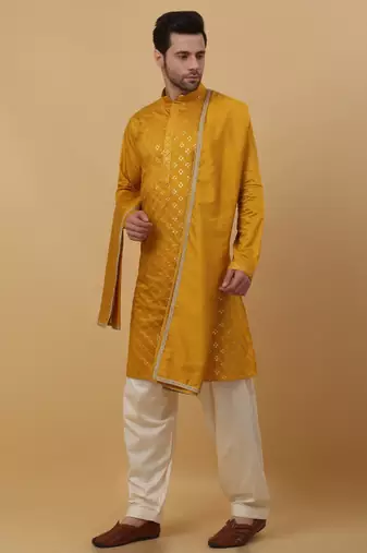 Men's Mustard Yellow Sequenced Embroidered Cotton Silk Kurta With Salwar and Dupatta