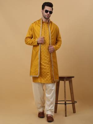 Men's Mustard Yellow Sequenced Embroidered Cotton Silk Kurta With Salwar and Dupatta 7
