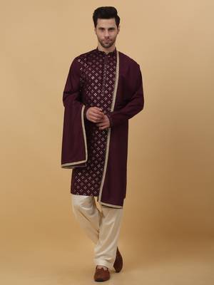 Men's Wine Sequenced Embroidered Cotton Silk Kurta With Salwar and Dupatta 1