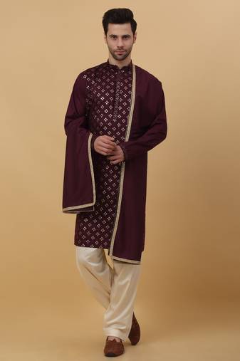 Men's Wine Sequenced Embroidered Cotton Silk Kurta With Salwar and Dupatta