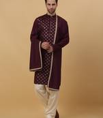 Men's Wine Sequenced Embroidered Cotton Silk Kurta With Salwar and Dupatta
