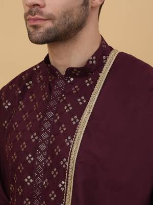 Men's Wine Sequenced Embroidered Cotton Silk Kurta With Salwar and Dupatta 2