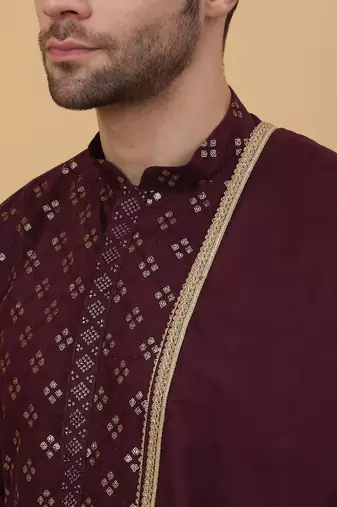 Men's Wine Sequenced Embroidered Cotton Silk Kurta With Salwar and Dupatta