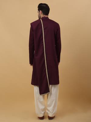 Men's Wine Sequenced Embroidered Cotton Silk Kurta With Salwar and Dupatta 3
