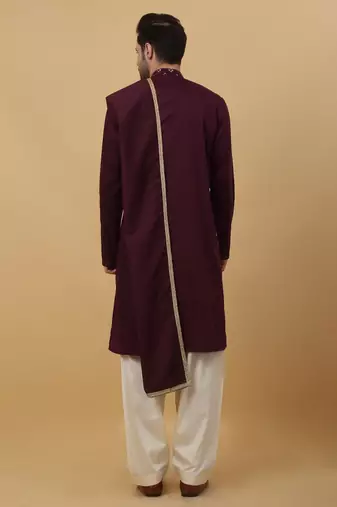 Men's Wine Sequenced Embroidered Cotton Silk Kurta With Salwar and Dupatta