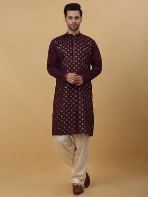Men's Wine Sequenced Embroidered Cotton Silk Kurta With Salwar and Dupatta 4