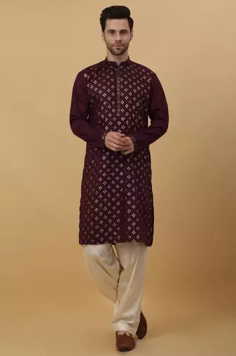 Men's Wine Sequenced Embroidered Cotton Silk Kurta With Salwar and Dupatta