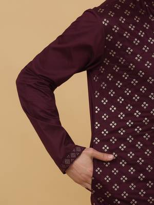Men's Wine Sequenced Embroidered Cotton Silk Kurta With Salwar and Dupatta 5