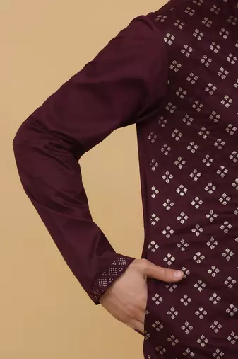 Men's Wine Sequenced Embroidered Cotton Silk Kurta With Salwar and Dupatta