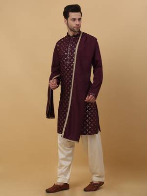 Men's Wine Sequenced Embroidered Cotton Silk Kurta With Salwar and Dupatta 6