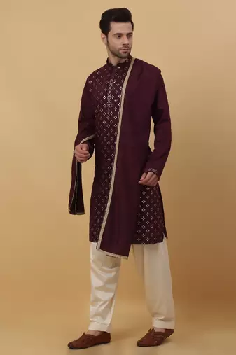 Men's Wine Sequenced Embroidered Cotton Silk Kurta With Salwar and Dupatta