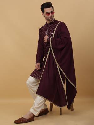 Men's Wine Sequenced Embroidered Cotton Silk Kurta With Salwar and Dupatta 7