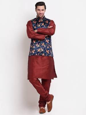 Men Maroon Kurta with Churidar & Blue Satin Printed Nehru Jacket 1