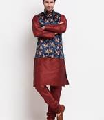 Men Maroon Kurta with Churidar & Blue Satin Printed Nehru Jacket