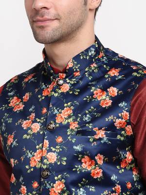 Men Maroon Kurta with Churidar & Blue Satin Printed Nehru Jacket 2