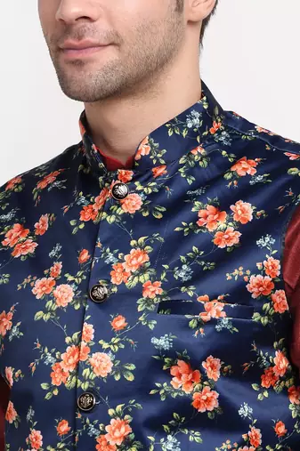 Men Maroon Kurta with Churidar & Blue Satin Printed Nehru Jacket