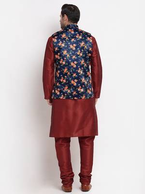 Men Maroon Kurta with Churidar & Blue Satin Printed Nehru Jacket 3