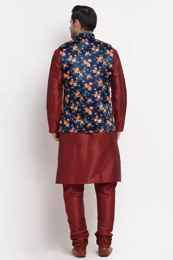 Men Maroon Kurta with Churidar & Blue Satin Printed Nehru Jacket