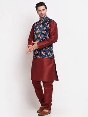 Men Maroon Kurta with Churidar & Blue Satin Printed Nehru Jacket 4