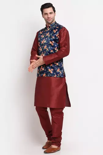Men Maroon Kurta with Churidar & Blue Satin Printed Nehru Jacket