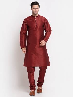 Men Maroon Kurta with Churidar & Blue Satin Printed Nehru Jacket 5