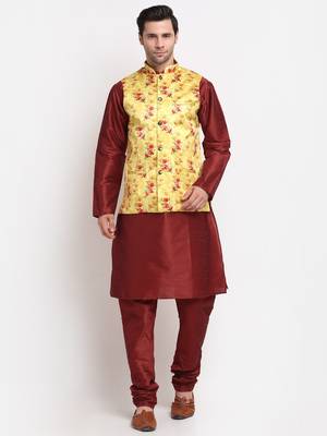 Men Maroon Kurta with Churidar & Yellow Satin Printed Nehru Jacket 1