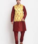 Men Maroon Kurta with Churidar & Yellow Satin Printed Nehru Jacket