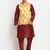 Men Maroon Kurta with Churidar & Yellow Satin Printed Nehru Jacket