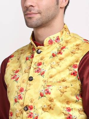 Men Maroon Kurta with Churidar & Yellow Satin Printed Nehru Jacket 2