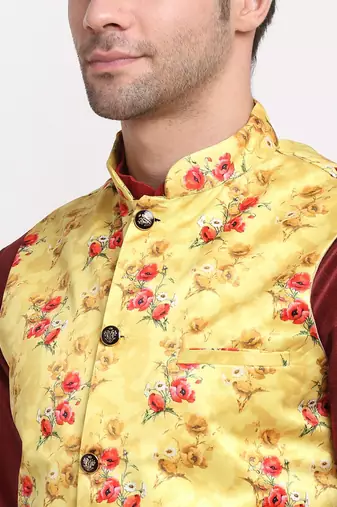 Men Maroon Kurta with Churidar & Yellow Satin Printed Nehru Jacket