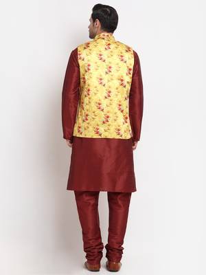 Men Maroon Kurta with Churidar & Yellow Satin Printed Nehru Jacket 3