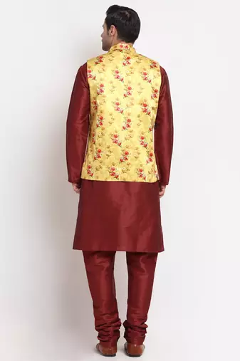 Men Maroon Kurta with Churidar & Yellow Satin Printed Nehru Jacket