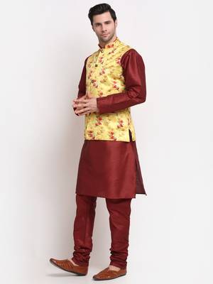 Men Maroon Kurta with Churidar & Yellow Satin Printed Nehru Jacket 4