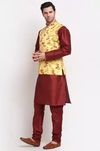 Men Maroon Kurta with Churidar & Yellow Satin Printed Nehru Jacket