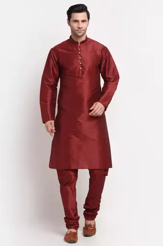 Men Maroon Kurta with Churidar & Yellow Satin Printed Nehru Jacket