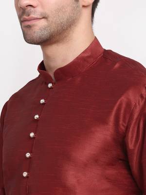 Men Maroon Kurta with Churidar & Yellow Satin Printed Nehru Jacket 6