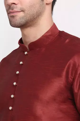 Men Maroon Kurta with Churidar & Yellow Satin Printed Nehru Jacket