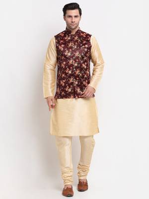 Men Beige Kurta with Churidar & Maroon Satin Printed Nehru Jacket 1