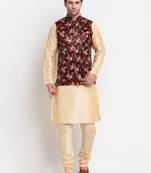 Men Beige Kurta with Churidar & Maroon Satin Printed Nehru Jacket
