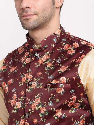 Men Beige Kurta with Churidar & Maroon Satin Printed Nehru Jacket 2