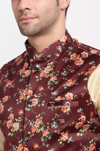 Men Beige Kurta with Churidar & Maroon Satin Printed Nehru Jacket